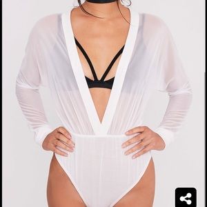 Cream Mesh Plunge Jersey Thong Bodysuit NWOT